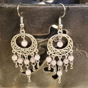 Handcrafted Natural Rose Quartz Pink Gemstone Antique Silver Chandelier Earrings